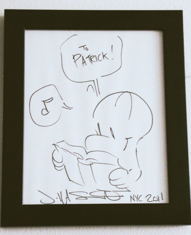 Jeff Smith's sketch hangs near my newly expanded library. Art by jeff Smith. Copyright Jeff Smith.