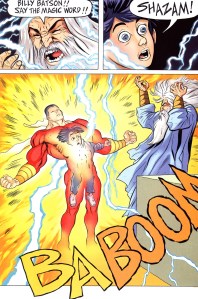 Billy receives Solomon's wisdom, Hercules' strength, Atlas' stamina, Zeus' power, Achilles' courage, and Mercury's speed to become Captain Marvel. Art by Jeff Smith and Steve Hamaker. Copyright DC Comics.